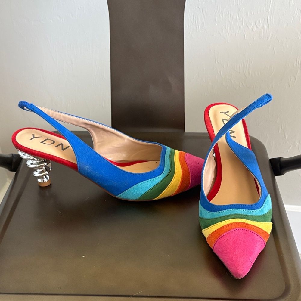 YDN Multicolor Suede Pointed Slingback Pumps - Blue, Pink, Green, Yellow